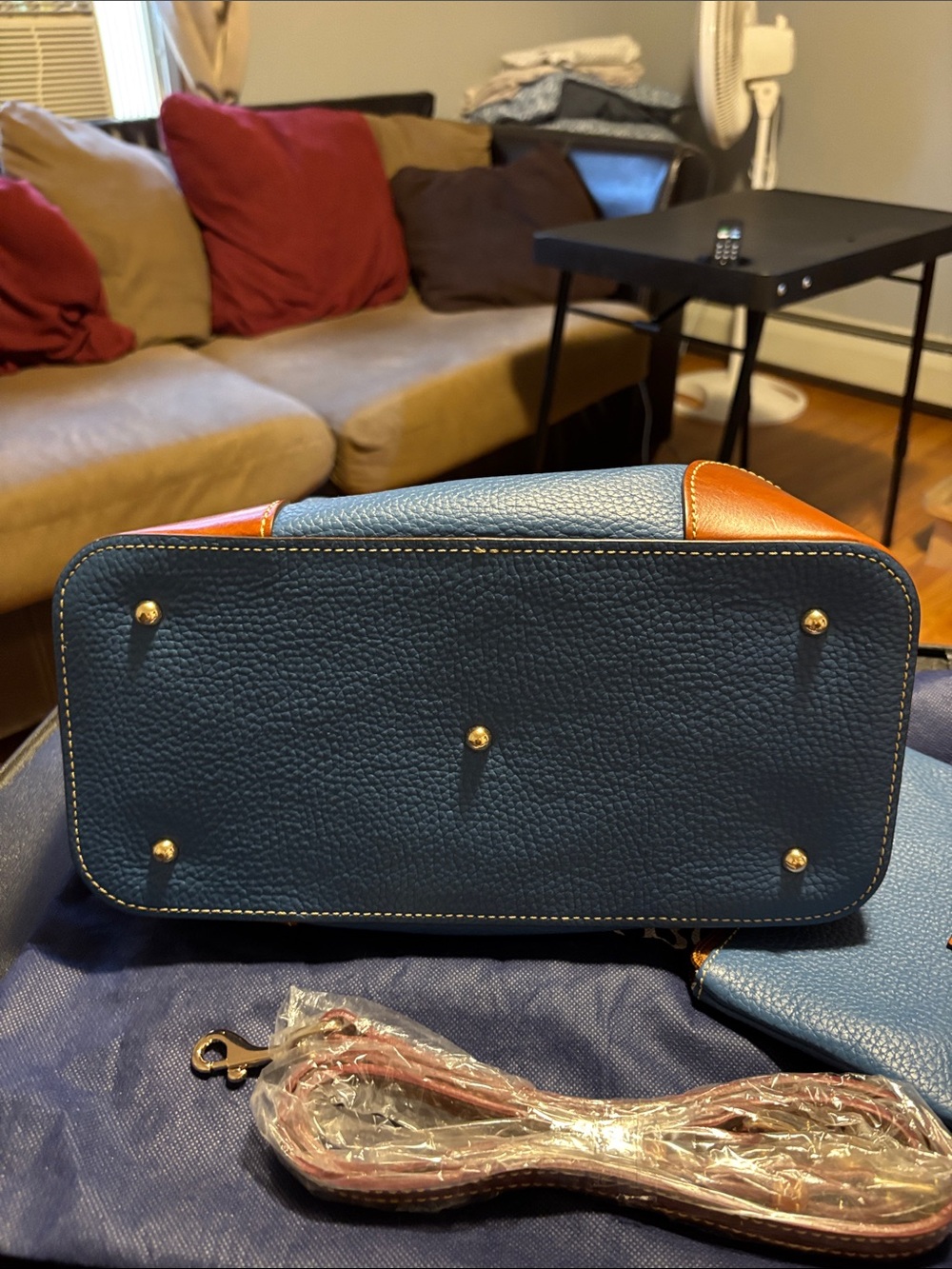 Dooney & Bourke Blue Pebbled Leather Satchel with Brown Trim and Wristlet - Picture 10 of 16